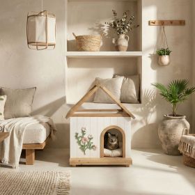 Transparent Roof Pet House with Floral Carving FSC-Certified Cedar Indoor Shelter for Cats & Small Dogs 24*22*32