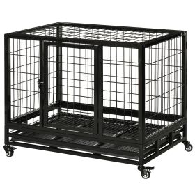 36" Heavy Duty Dog Crate with Removable Tray, Lockable Wheels and Double Door, for Medium and Large Dogs, Black (Option: Black-950x675x180 mm)